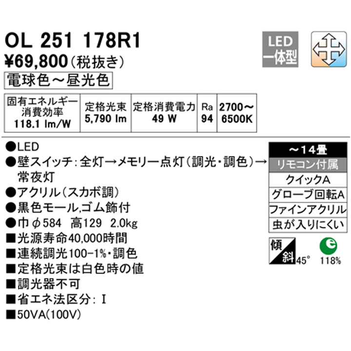 オーデリック シーリングライト LED一体型 調光器不可 調光・調色 高