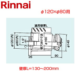 リンナイ 給排気ガス筒とっ始め 直排専用 φ120×φ80 壁厚L\u003d130～200 FF式 2重管 給排気ガス部材 給湯器部材 FFT-4B-200