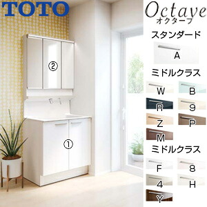 【送料無料】TOTO 洗面化粧台セット オクターブ 間口750mm 高さ1900mm 2枚扉 シャワー水栓 F1 3面鏡 タッチレスワイドLED エコミラー 一般地 LDSFB075BAGDN1-set1