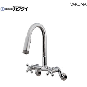 カクダイ 洗面用蛇口 壁 ツーハンドル混合栓 スパウト184mm 泡沫 シャワー付 一般地 124-108