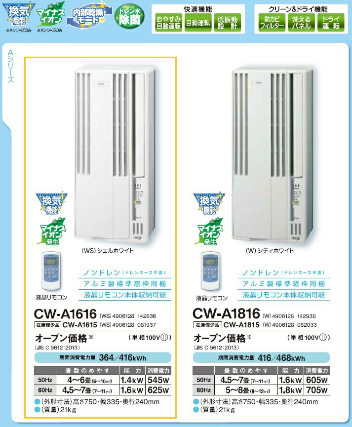 【楽天市場】【送料無料】コロナ CWA1617 窓用冷房専用エアコン 4畳～6畳 ノンドレン（ドレンホース不要） アルミ製標準窓枠同梱 液晶