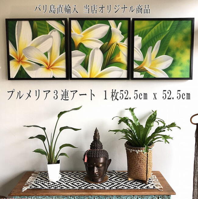 3つの絵でひとつのアートとして完成する プルメリア の 絵画  バリ 絵画 バリ絵画  バリアートバリ雑貨 インテリア 壁掛け プルメリア アート木製フレーム ハワイアン サーファーズハウス リゾート プルメリアアート３枚セット ホワイト  横 52.5cm x 縦 52.5cmx 厚み4.8cm