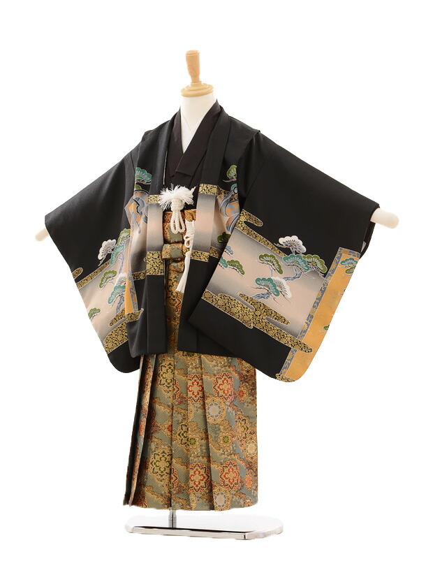 【レンタル】753|七五三 5歳|着物 レンタル 5歳|七五三 着物レンタルD019 黒地鷹に城×袴グリーングリーン5歳男の子|☆新品足袋プレゼント☆|753 5歳 着物|七五三　5歳|子供|七五三　5歳児　レンタル|七五三|5歳用　着物|往復送料無料画像