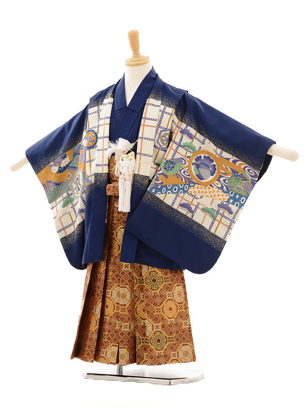 【レンタル】753|七五三 5歳|着物 レンタル 5歳|七五三 着物レンタルD032 紺鷹紋×袴金茶５歳男の子|☆新品足袋プレゼント☆|753 5歳 着物|七五三　5歳|子供|七五三　5歳児　レンタル|七五三|5歳用　着物|往復送料無料