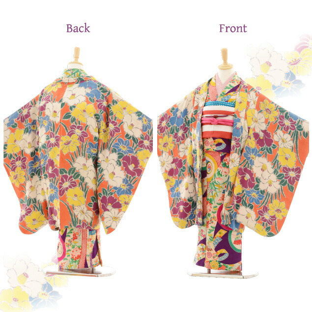 楽天市場 レンタル 753 七五三 着物 ７歳 フルセット 女の子 ７歳 着物 レンタル 七五三 レンタル73アンティーク着物紫 丸紋宝づくしに熨斗 羽織オレンジ椿 753 七五三 子供 七五三 着物 レトロ ７歳 レンタル 753 七五三 往復送料無料 京都かしいしょう