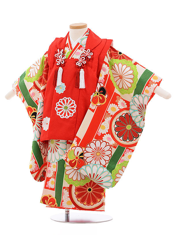 レンタル 七五三 着物 3歳 被布 セット 正絹 3393 紅一点 赤&times;クリーム地 赤菊 新品足袋 プレゼント 往復送料無料｜京都かしいしょう