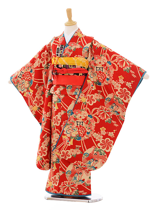 ＜夏の大セール＞7歳七五三セット(黄) 七五三 7歳 女の子用 四つ身[JAPAN STYLE]クリームに黄緑・花扇