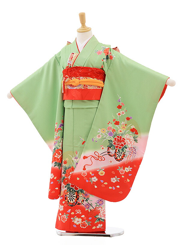 お買い得品♡七五三　7歳大きめ　女の子　セット　一式　黄緑　赤 Kisste 七五三 着物 セット 7歳 女の子 生成り 椿 橘 七五三着物
