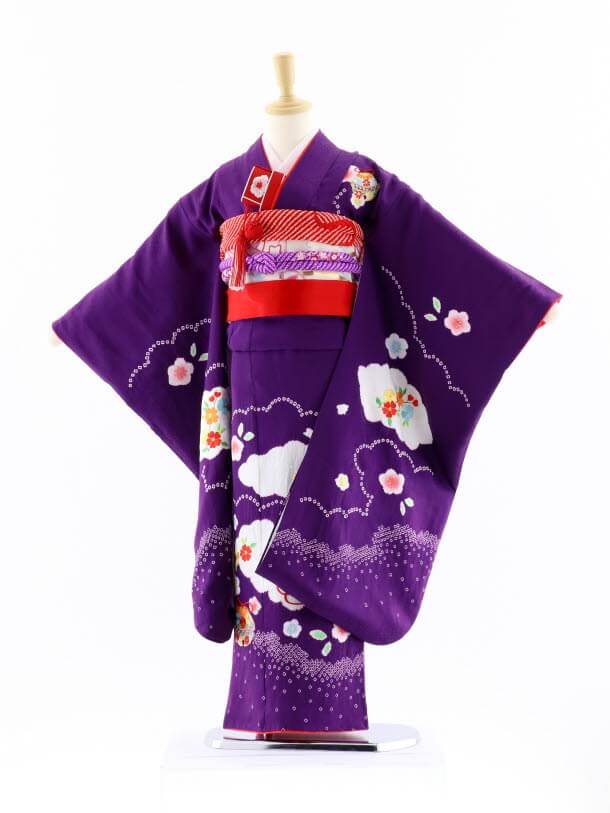 七五三 7歳 お召しもの 正絹 フルセット 御姉さん七五三賃借 7歳 袋帯 7624 正絹 紫地 雲取 鈴 753 御嬢さん 七五三 お召しもの 賃借 四つ身 袋帯 赤ちゃん 儀式用着 正月  7才 正絹 きもの賃借 新品足袋差し上げ物 往復貨物輸送無料