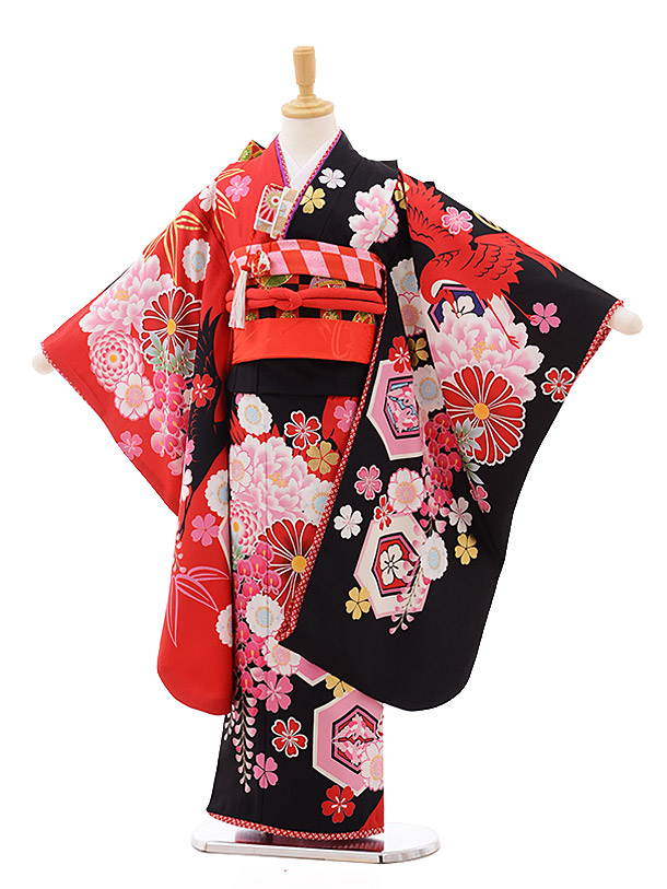 753 七五三 着物 7歳 フルセット 女の子 レンタル 7638 JAPAN STYLE 黒赤 ぼたん 四つ身 子供 お祝い着 正月 7歳 7才 きものレンタル 新品足袋プレゼント 往復送料無料【レンタル】