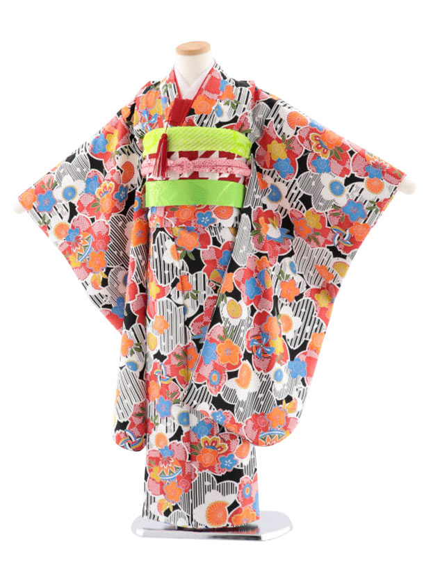 七五三賃借(7歳御嬢さん袋帯) 正絹 7733 黒地 小紋 桜 四つ身 753 お子さん 儀式用着 正月 7歳 7才 七才 七歳 御嬢さん 7歳お召しもの フルセット賃借 7歳お召しものフルセット きもの賃借 新品足袋差し上げ物 往復貨物輸送無料【賃借】