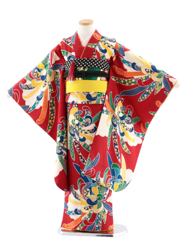 七五三レンタル(7歳女児袋帯) 正絹 7744 紅一点 赤 菊 大輪 四つ身 753 子ども お祝い着 正月 7歳 7才 七才 七歳 女児 7歳着物 フルセットレンタル 7歳着物フルセット きものレンタル 新品足袋プレゼント 往復送料無料【レンタル】｜京都かしいしょう