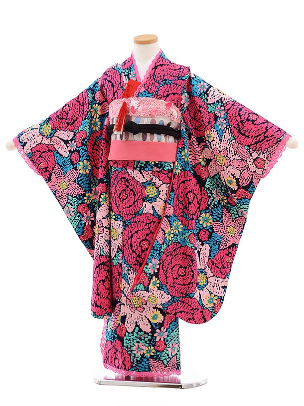 Shichi-Go-San Rental (7-year-old girl's obi sash) 7770 Mezzo Piano Black background with roses, four-piece set, 753, children's celebratory wear, New Year's, 7 years old, girl's 7-year-old kimono, full set rental, kimono rental, free new tabi socks, free round-trip shipping. [Rental]