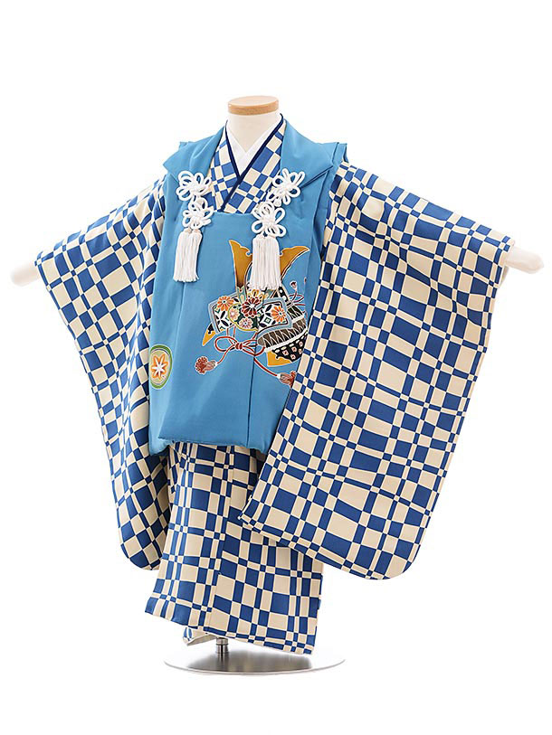 着物セット 2311 正絹 七五三レンタル 着物 七五三 男児 レンタル 被布 男の子 3歳 着物 七五三 ブルー地 往復送料無料 レンタル 新品足袋プレゼント 被布コート 男の子 お祝い 和装 お正月 きもの被布セット 子供 着物 男児 3歳男の子 3才 3歳 かぶと ブルー格子 日本