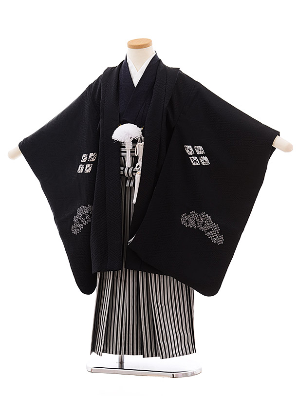 ＜夏の大セール＞5歳七五三セット(正絹・黒) 七五三 着物 男の子 5歳 羽織袴セット「黒 鷹に波、笹」フル