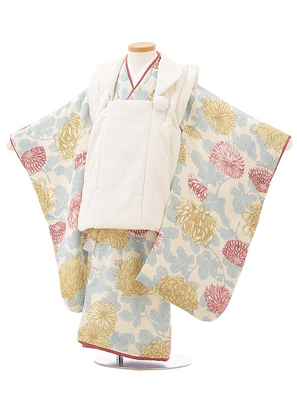 七五三 着物 3歳 レンタル 七五三 3歳 被布 セット 3814オフホワイトレース調×クリーム色乱菊 女の子 七五三レンタル 3歳 女児 被布  七五三 三歳女児 被布コート 子供 お祝い着 正月 3歳 3才 きものレンタル 新品足袋プレゼント 往復送料無料【レンタル】 | 京都かしいしょう