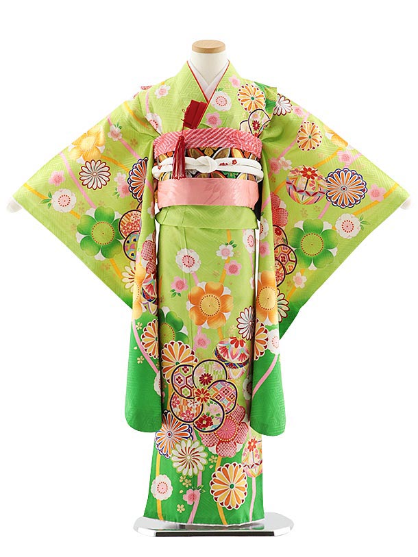七五三 フルセット 女の子 七五三レンタル (7歳女児袋帯) 7834 正絹 グリーン桜菊まり 753 女児 七五三 着物 レンタル 四つ身 袋帯 子供 お祝い着 正月 7才 正絹 きものレンタル 新品足袋プレゼント 往復送料無料|京都かしいしょう