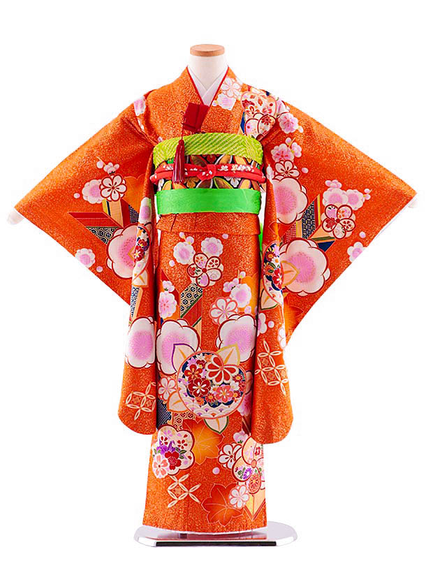七五三 フルセット 御姉さん 七五三賃借 (7歳御嬢さん袋帯) 7835 正絹 オレンジ色梅に橘 753 御嬢さん 七五三 お召しもの 賃借 四つ身 袋帯 赤ちゃん 儀式用着 正月  7才 正絹 きもの賃借 新品足袋差し上げ物 往復貨物輸送無料