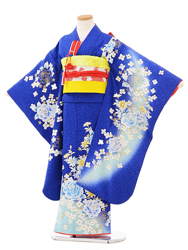 七五三レンタル(7歳女児結び帯) 7881正絹 ブルーラメ洋花 四つ身 753 子ども お祝い着 正月 7歳 7才 七才 七歳 女児 7歳着物 フルセットレンタル 7歳着物フルセット きものレンタル 新品足袋プレゼント 往復送料無料【レンタル】｜京都かしいしょう