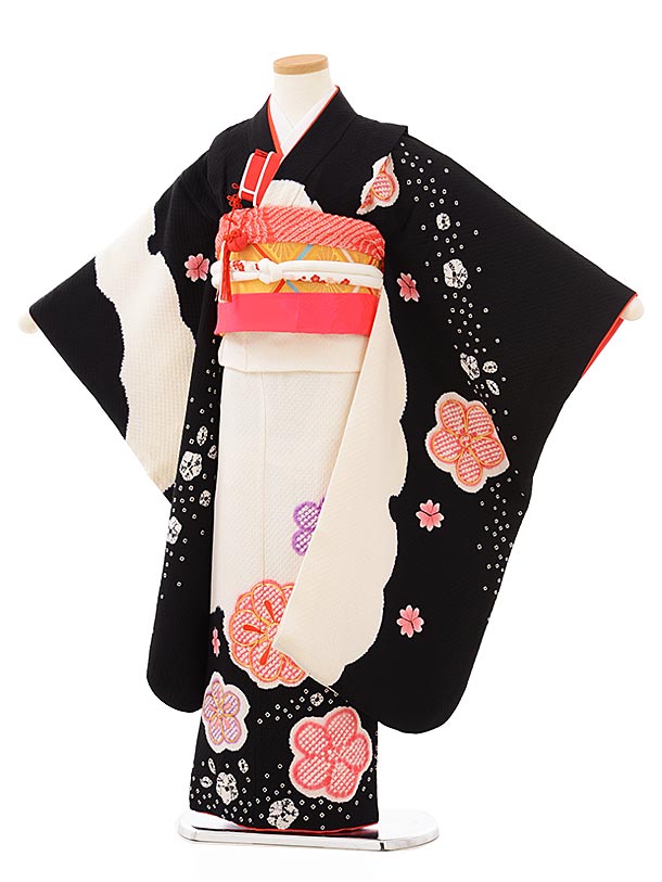 七五三 フルセット 御姉さん 七五三賃借 (7歳御嬢さん袋帯) 7888 正絹 黒×白 雪輪に梅 753 御嬢さん 七五三 お召しもの 賃借 四つ身 袋帯 赤ちゃん 儀式用着 正月  7才 正絹 きもの賃借 新品足袋差し上げ物 往復貨物輸送無料