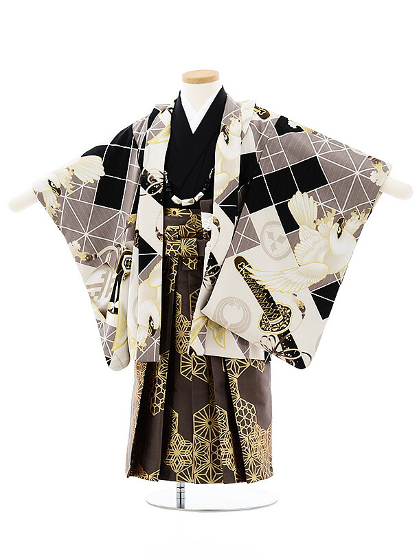 七五三 レンタル 753 袴セット 七五三 男児 着物 ブランド 2700JAPAN STYLE 黒グレー鷹兜x茶色ゴールド袴 ブランド 3歳 男の子 男児 着物 子供 きもの レンタル 羽織 袴セット 七五三 お正月 和装 お祝い 3才 3歳 男の子 袴 新品足袋プレゼント 往復送料無料【レンタル】