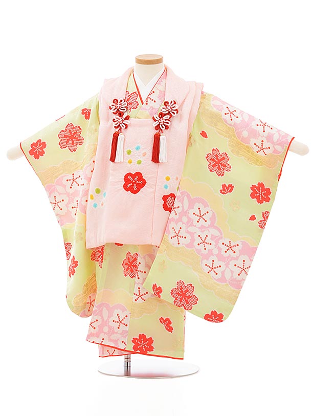 七五三 着物 3歳 レンタル 七五三 3歳 被布 セット 正絹 3868ピンク梅xひわ色雲取り桜 女の子 七五三レンタル 3歳 女児 被布 七五三 三歳女児 被布コート 子供 お祝い着 正月 3歳 3才 きものレンタル 新品足袋プレゼント 往復送料無料【レンタル】