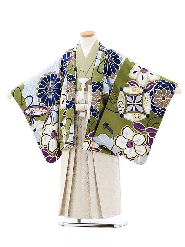 ベビー袴　鷹✕ベージュ かんたん七五三(5歳男袴)X430 ピンクベージュ鷹に唐花文×茶