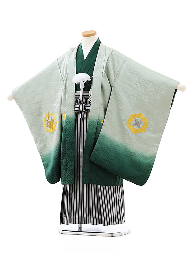 七五三 5歳 レンタル 753 袴セット 男児 着物 七五三レンタル 5816グリーンぼかし刺繍亀甲x黒白縞袴 5歳男の子 着物 高級正絹 フルセット 男児 子供 きもの レンタル 羽織 袴セット お正月 和装 お祝い 5才 5歳 男の子 新品足袋プレゼント 往復送料無料【レンタル】