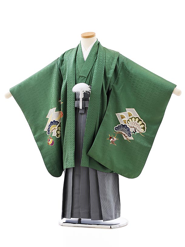 七五三レンタル 男の子 (高級正絹)5861グリーン地松竹吉祥文様x紺縞袴 着物 5歳 男の子 レンタル 袴セット 男児 753 フルセット 着物 子ども きものレンタル 七五三レンタル 羽織 お正月 和装 お祝い ５才 ５歳 男の子 袴 新品足袋プレゼント 往復送料無料【レンタル】