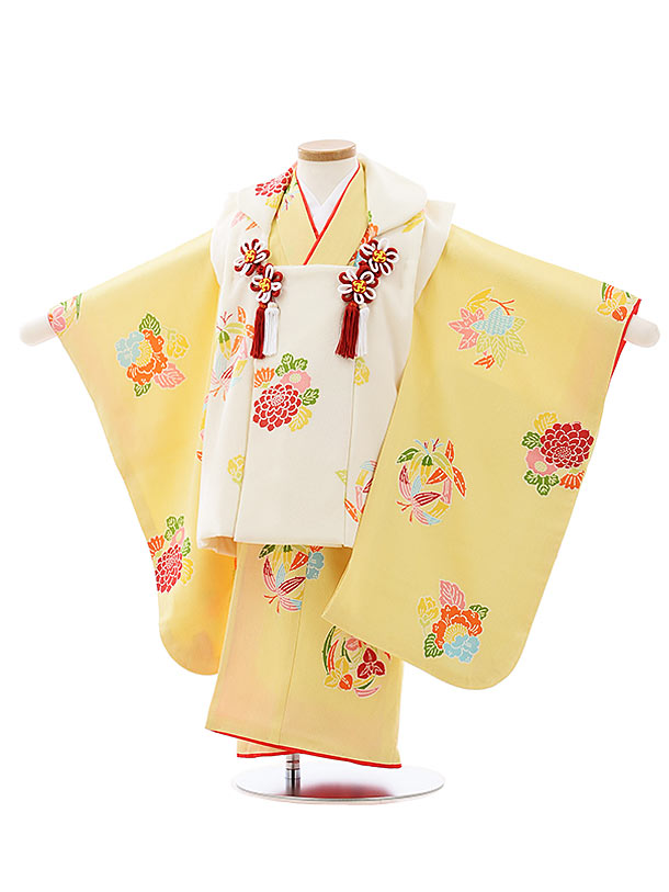 七五三 着物 3歳 レンタル 七五三 3歳 被布 セット 4032【高級正絹】白x黄色小紋花丸 正絹 女の子 七五三レンタル 3歳 女児 被布 七五三 三歳女児 被布コート 子供 お祝い着 正月 3歳 3才 きものレンタル 新品足袋プレゼント 往復送料無料【レンタル】