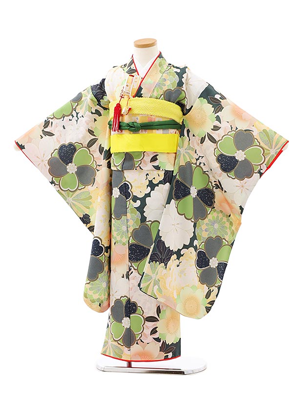 七五三レンタル(7歳女児結び帯) 7930グリーン桜菊 四つ身 753 子ども お祝い着 正月 7歳 7才 七才 七歳 女児 7歳着物 フルセットレンタル 7歳着物フルセット きものレンタル 新品足袋プレゼント 往復送料無料【レンタル】