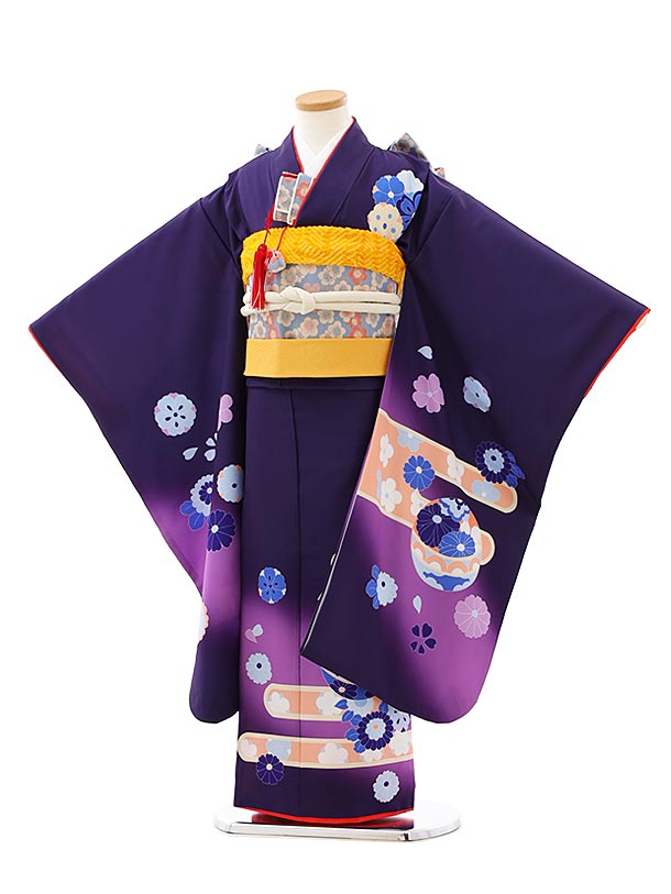 七五三レンタル(7歳女児結び帯) 7938濃紫地かすみに鞠 四つ身 753 子ども お祝い着 正月 7歳 7才 七才 七歳 女児 7歳着物 フルセットレンタル 7歳着物フルセット きものレンタル 新品足袋プレゼント 往復送料無料【レンタル】