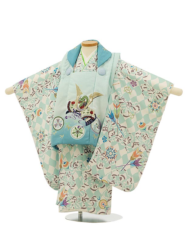 七五三 ３歳着物　男の子　被布セット 七五三 着物 3歳 男の子 被布セット 「白藤色 鷹、市松に