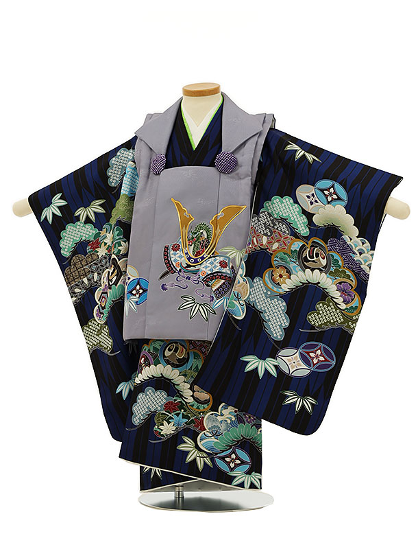 市場 七五三 3才 被布 3歳 レンタル 3歳男の子 男児 男の子 25グレーパープルx黒ブルー矢羽根吉祥文様 着物 七五三レンタル