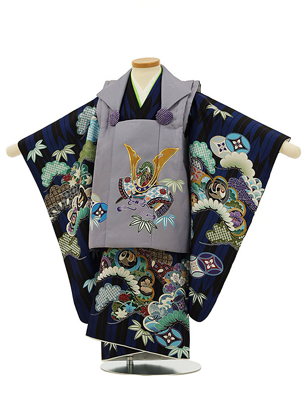 市場 七五三 3才 被布 3歳 レンタル 3歳男の子 男児 男の子 25グレーパープルx黒ブルー矢羽根吉祥文様 着物 七五三レンタル