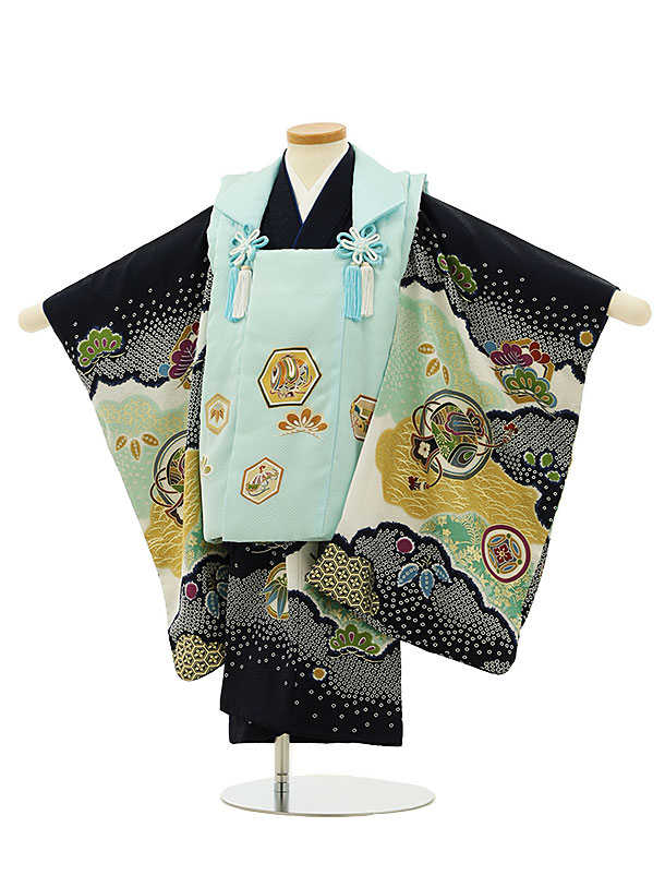 市場 七五三 着物 被布 3歳 レンタル 七五三レンタル 男の子 男児 正絹 3才 3歳男の子 28水色亀甲紋松x紺地雲取り丸紋