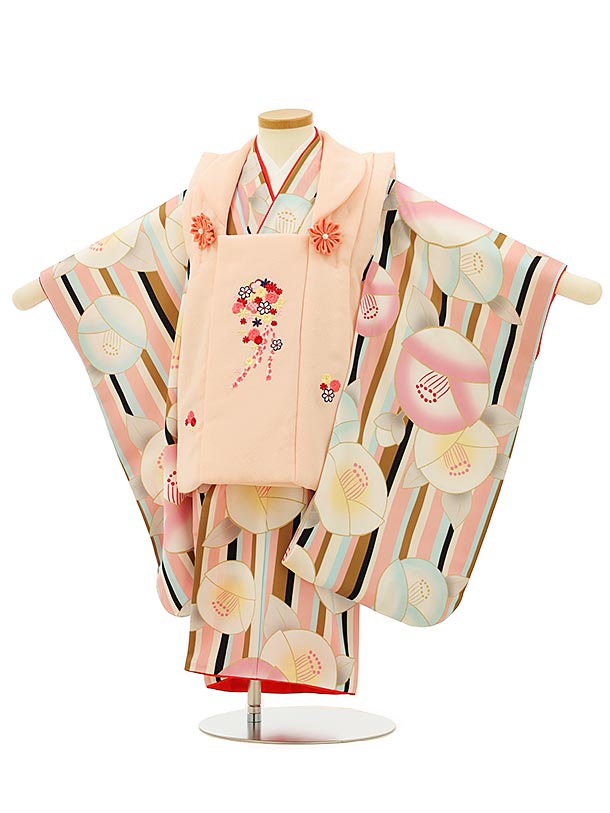 七五三 着物 3歳 レンタル 七五三 3歳 被布 セット 4137ピンク刺繍ブーケxピンク茶ストライプ椿 女の子 七五三レンタル 3歳 女児 被布 七五三 三歳女児 被布コート 子供 お祝い着 正月 3歳 3才 きものレンタル 新品足袋プレゼント 往復送料無料【レンタル】