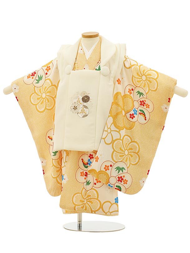 七五三 着物 3歳 レンタル 七五三 3歳 被布 セット 4232オフホワイト刺繍菊梅×からしねじり梅 女の子 七五三レンタル 3歳 女児 被布 七五三 三歳女児 被布コート 子供 お祝い着 正月 3歳 3才 きものレンタル 新品足袋プレゼント 往復送料無料【レンタル】
