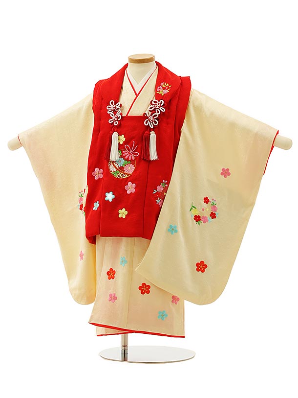 七五三 3歳 着物 753 絹 被布 絞り柄 三歳 赤  刺繍 古典柄 花 七五三レンタル(3歳女児被布)【正絹】4184赤刺繍鈴x赤絞り