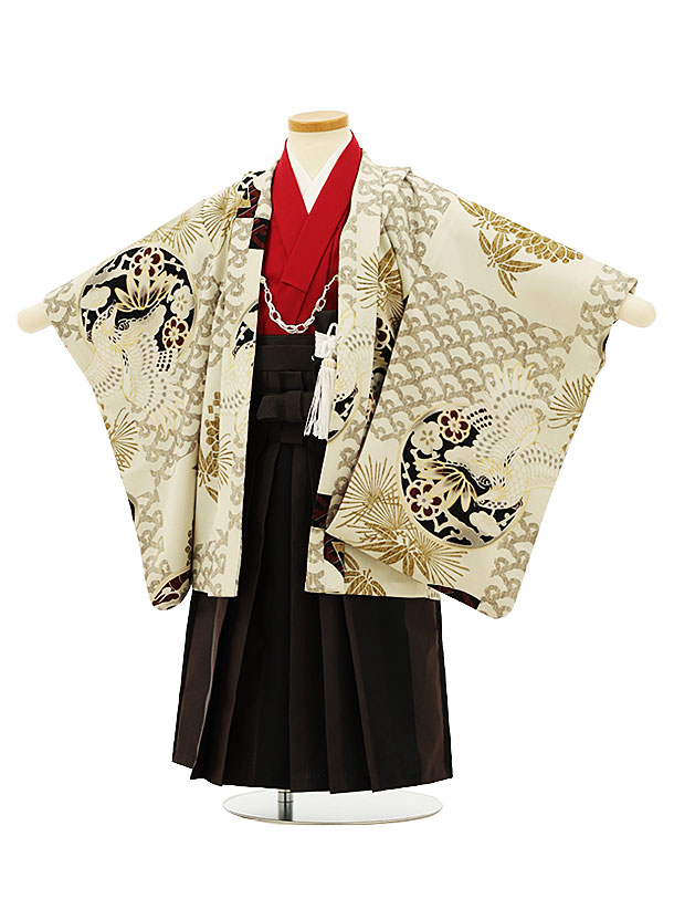 【レンタル】着物 かんたん七五三(3歳男袴)2827JAPANSTYLEベージュ地青海波丸紋鷹 3歳 袴（簡単着付け） フルセット 男の子 お祝い着 正月 3才 男児 きものレンタル〔往復送料無料〕