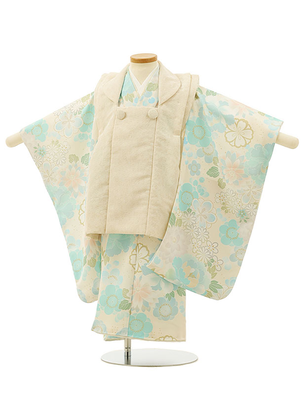 七五三 着物 3歳 レンタル 七五三 3歳 被布 セット 4269ベージュ&times;クリーム水色花づくし 女の子 七五三レンタル 3歳 女児 被布 七五三 三歳女児 被布コート 子供 お祝い着 正月 3歳 3才 きものレンタル 新品足袋プレゼント 往復送料無料【レンタル】｜京都かしいしょう