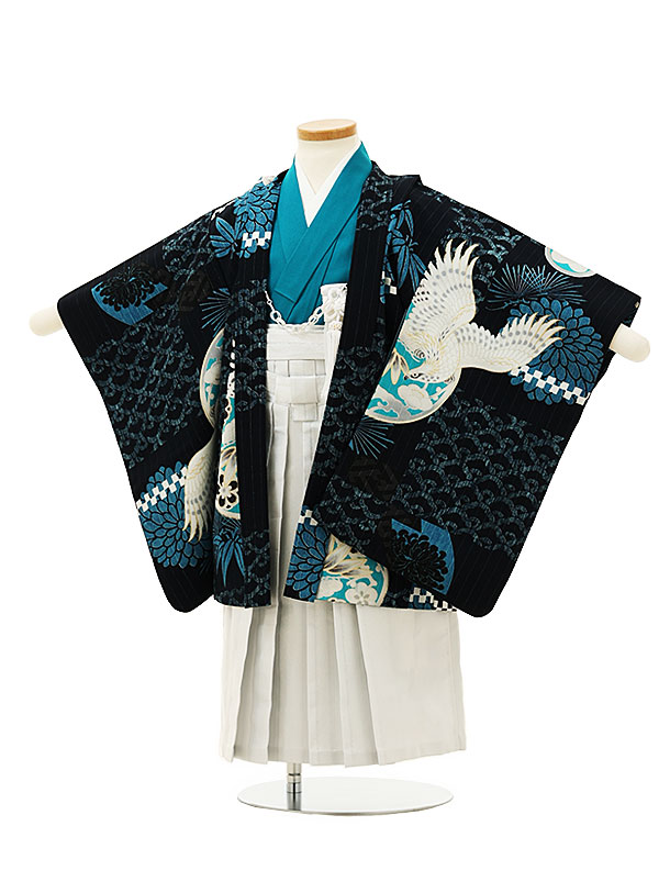 【賃借】御召しもの かんたん七五三賃借(3歳男袴)W008JAPANSTYLE紺地青海波丸紋鷹 3歳 袴（飾り気の無い着付け） フルセット 御坊っちゃん 御祭り着 正月 3才 御坊っちゃん きもの賃借〔往復貨物輸送無料〕