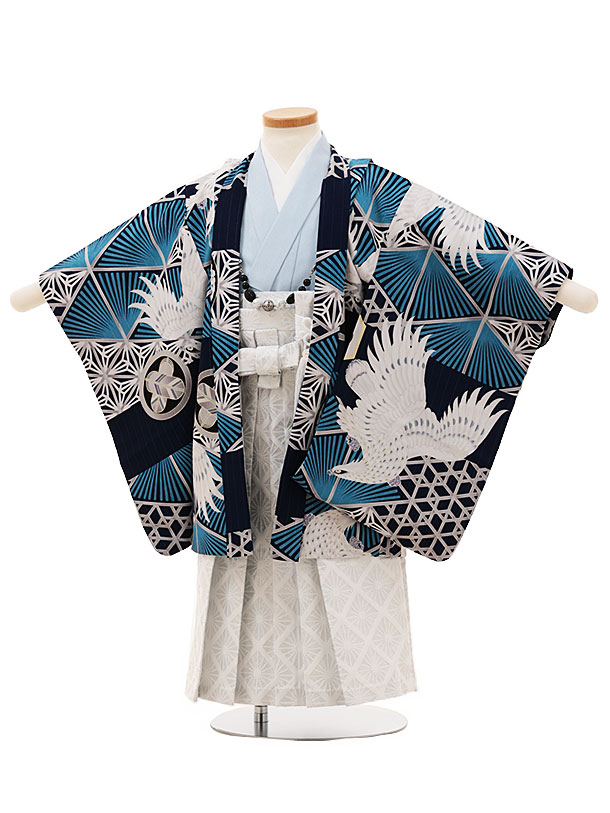 【賃借】お召しもの かんたん七五三(3歳男袴)W084JAPANSTYLE紺青色組子紋様鷹x白 3歳 袴（飾り気の無い着付け） フルセット お坊っちゃん 儀式用着 正月 3才 お坊っちゃん きもの賃借〔往復貨物輸送無料〕