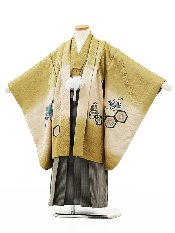七五三レンタル 男の子 X149【高級正絹】うぐいす色ぼかし吉祥文様鷹x黒グレー縞袴 着物 5歳 男の子 レンタル 袴セット 男児 753 5歳男の子 フルセット 子ども きものレンタル 七五三レンタル 羽織 お正月 和装 お祝い 新品足袋プレゼント 往復送料無料【レンタル】