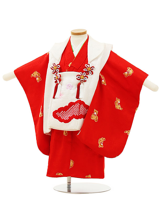 【レンタル】着物 七五三レンタル(2歳女児被布)4336【正絹】白雲取り刺繍花x赤地くまさん 2歳 被布 フルセット 女の子 お祝い着 正月 2才 女児 きものレンタル〔往復送料無料〕