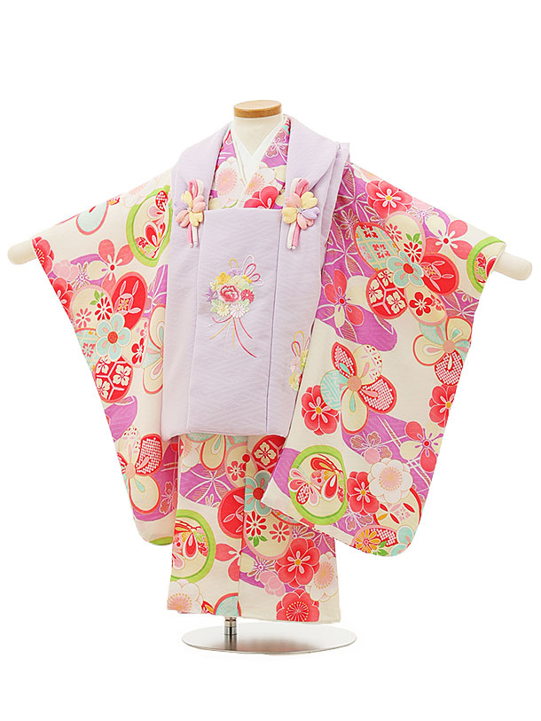 七五三 着物 3歳 レンタル 七五三 3歳 被布 セット 4376パープル刺繍薬玉xクリームパープル梅 女の子 七五三レンタル 3歳 女児 被布 七五三 三歳女児 被布コート 子供 お祝い着 正月 3歳 3才 きものレンタル 新品足袋プレゼント 往復送料無料【レンタル】