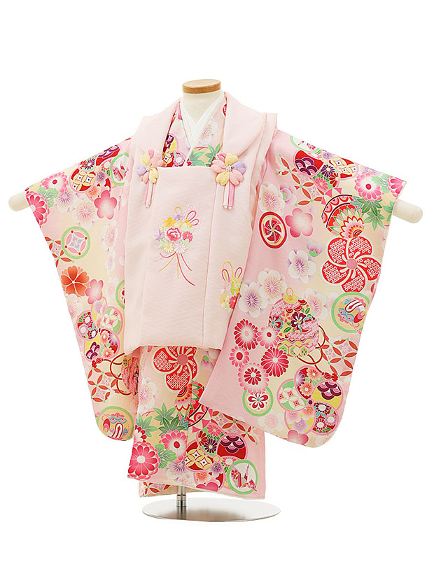 七五三 着物 3歳 レンタル 七五三 3歳 被布 セット 4377ピンク刺繍薬玉xピンク鞠梅 女の子 七五三レンタル 3歳 女児 被布 七五三 三歳女児 被布コート 子供 お祝い着 正月 3歳 3才 きものレンタル 新品足袋プレゼント 往復送料無料【レンタル】