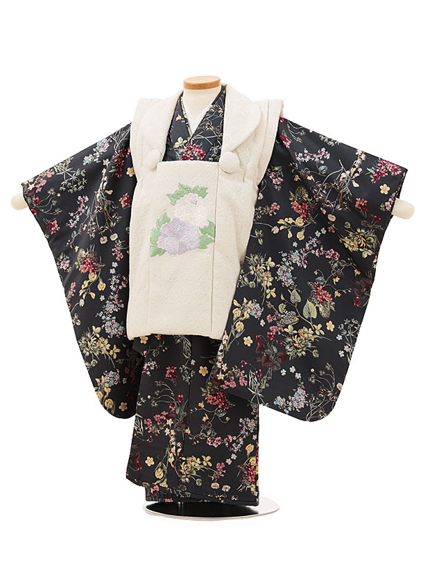 七五三 着物 3歳 レンタル 七五三 3歳 被布 セット 4460オフホワイト刺繍花xグリーン小花 女の子 七五三レンタル 3歳 女児 被布 七五三 三歳女児 被布コート 子供 お祝い着 正月 3歳 3才 きものレンタル 新品足袋プレゼント 往復送料無料【レンタル】