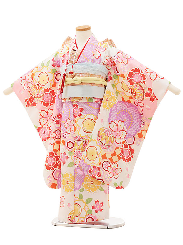 【レンタル】着物 七五三(4歳・5歳女児結び帯)0651 白地 まり 桜 4歳 結び帯 フルセット 女の子 お祝い着 正月 4才 女児 きものレンタル〔往復送料無料〕