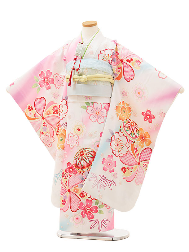 七五三 お召しもの 7歳 フルセット 賃借 御姉さん Y136 白地 まり桜 753 お子さん 儀式用着 正月 7才 七才 七歳 御嬢さん フルセット賃借 7歳お召しものフルセット きもの賃借 新品足袋差し上げ物 往復貨物輸送無料【賃借】